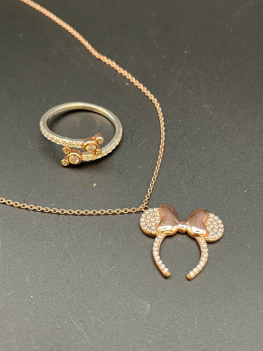 Rose Gold over Sterling Silver Disney Minnie Mouse Ear Necklace and Ring Bundle
